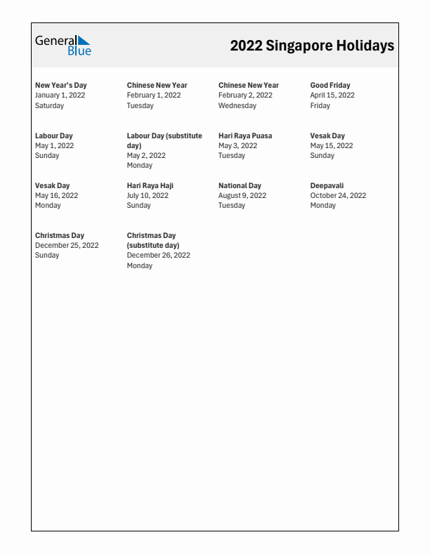 Free printable list of Singapore holidays for year 2022