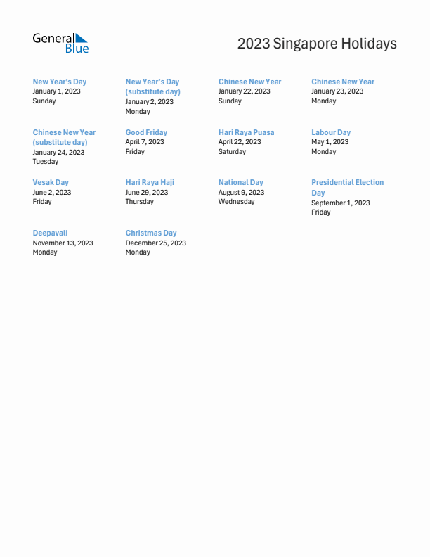 Free printable list of Singapore holidays for year 2023