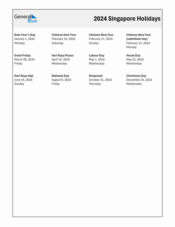 Free printable list of Singapore holidays for year 2024