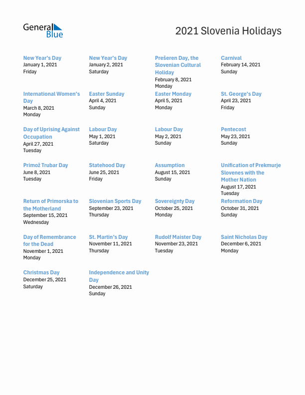 Free printable list of Slovenia holidays for year 2021