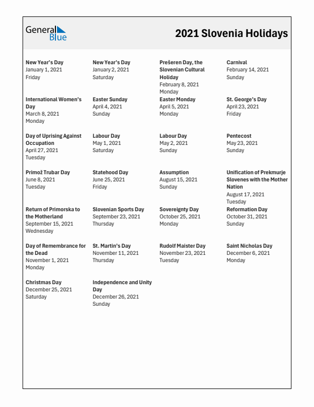 Free printable list of Slovenia holidays for year 2021