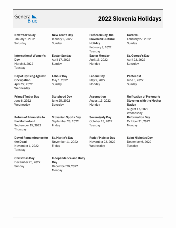 Free printable list of Slovenia holidays for year 2022