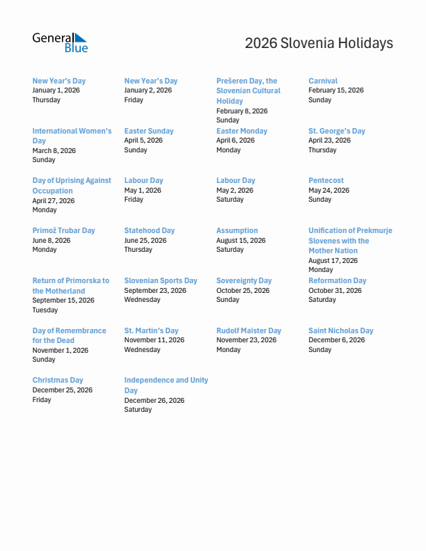 Free printable list of Slovenia holidays for year 2026