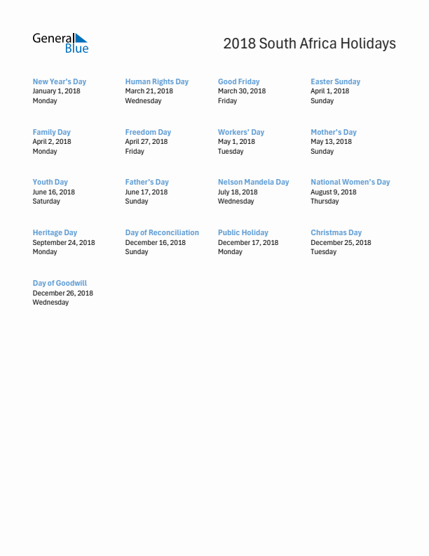 Free printable list of South Africa holidays for year 2018