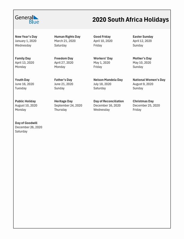 Free printable list of South Africa holidays for year 2020