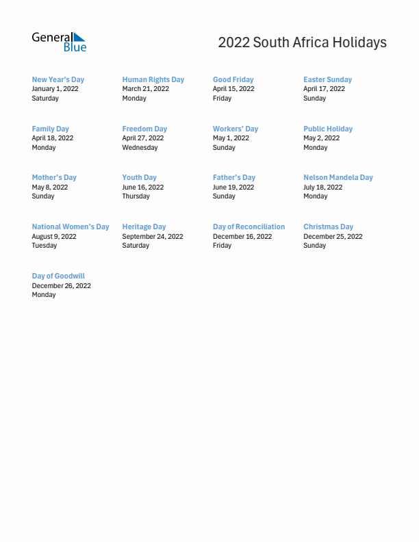 Free printable list of South Africa holidays for year 2022