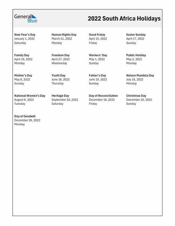 Free printable list of South Africa holidays for year 2022