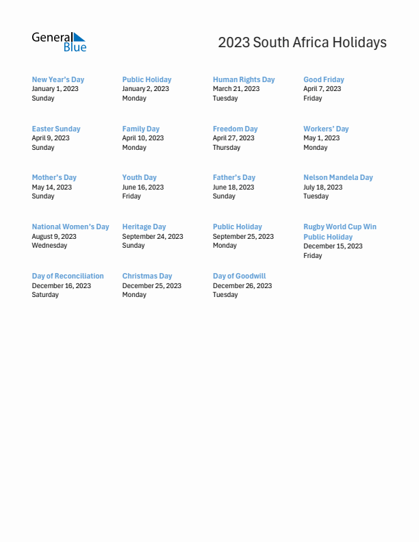 Free printable list of South Africa holidays for year 2023