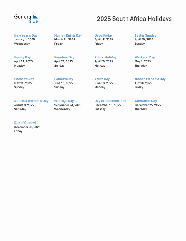 Free printable list of South Africa holidays for year 2025