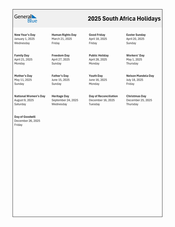 2025 South Africa List of Holidays in PDF, Word, and Excel