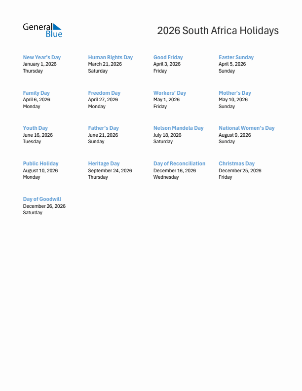 Free printable list of South Africa holidays for year 2026