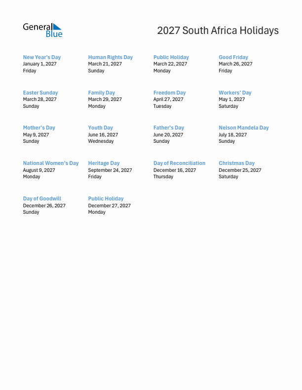 Free printable list of South Africa holidays for year 2027