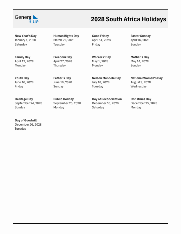 Free printable list of South Africa holidays for year 2028