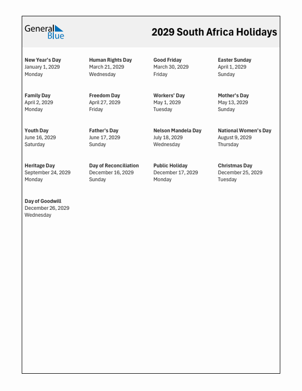 Free printable list of South Africa holidays for year 2029