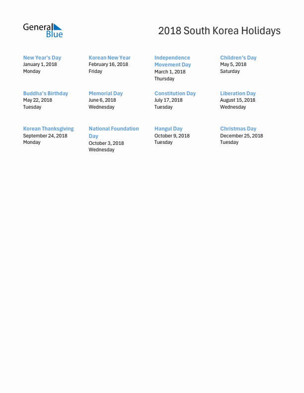Free printable list of South Korea holidays for year 2018