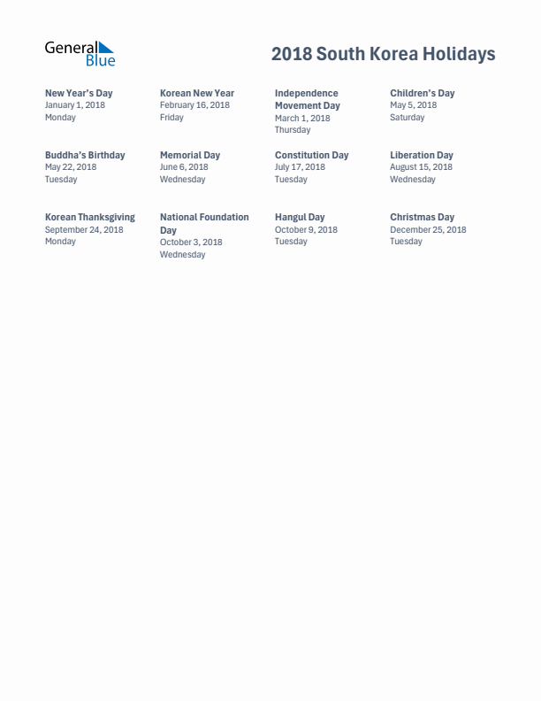 Free printable list of South Korea holidays for year 2018