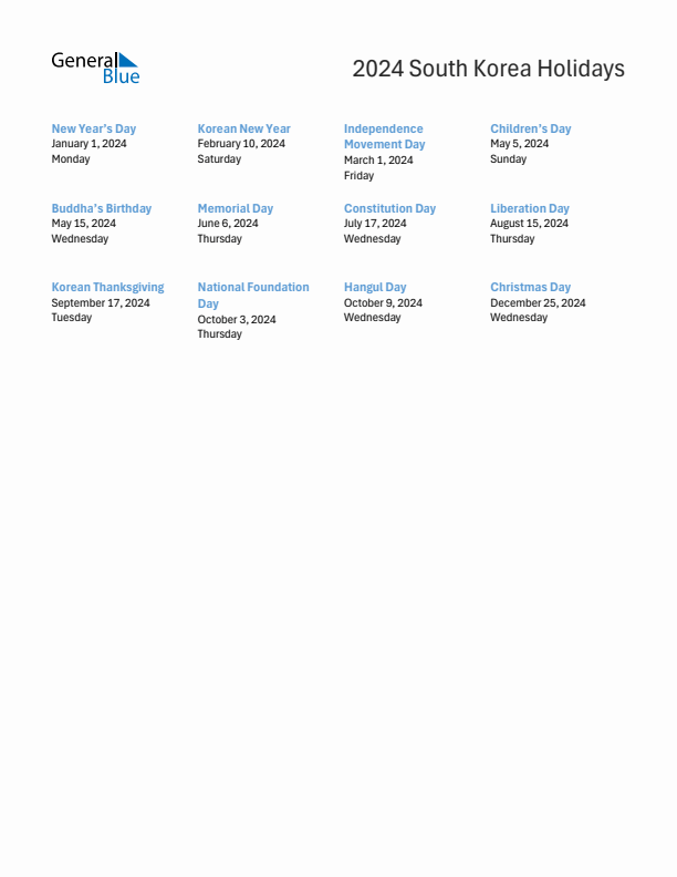 2024 South Korea List of Holidays in PDF, Word, and Excel
