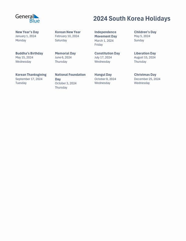 2024 South Korea List of Holidays in PDF, Word, and Excel