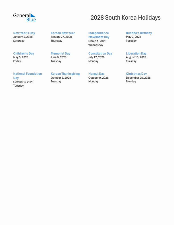 Free printable list of South Korea holidays for year 2028