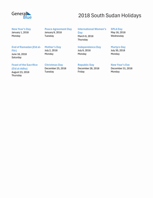 Free printable list of South Sudan holidays for year 2018