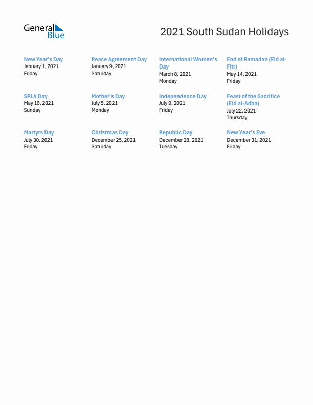Free printable list of South Sudan holidays for year 2021