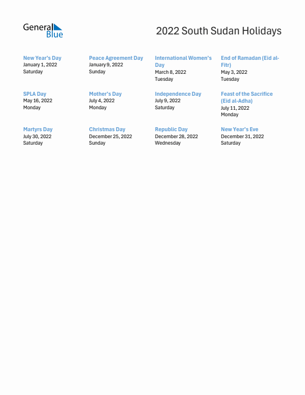 Free printable list of South Sudan holidays for year 2022