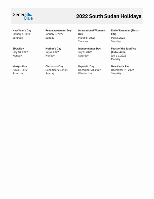 Free printable list of South Sudan holidays for year 2022