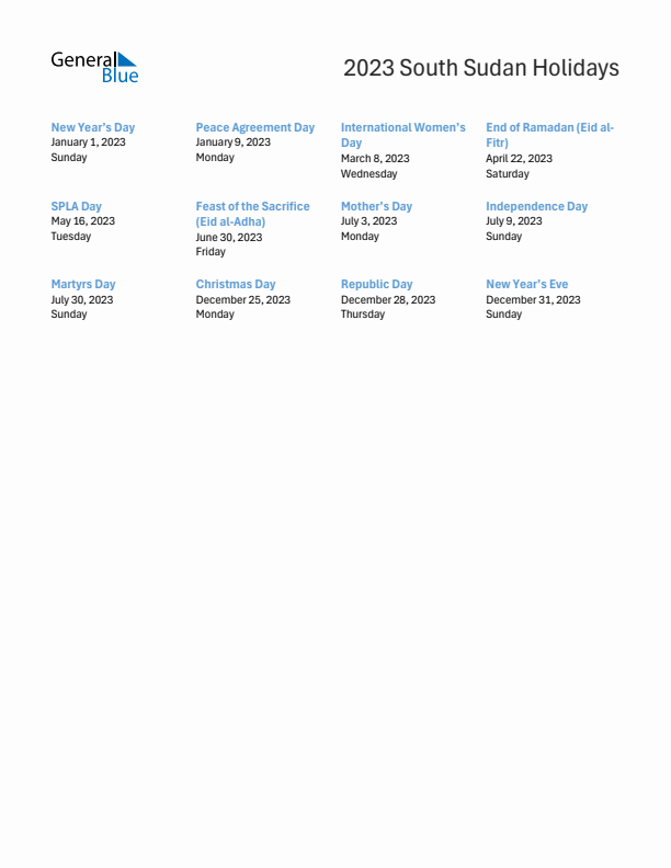 Free printable list of South Sudan holidays for year 2023