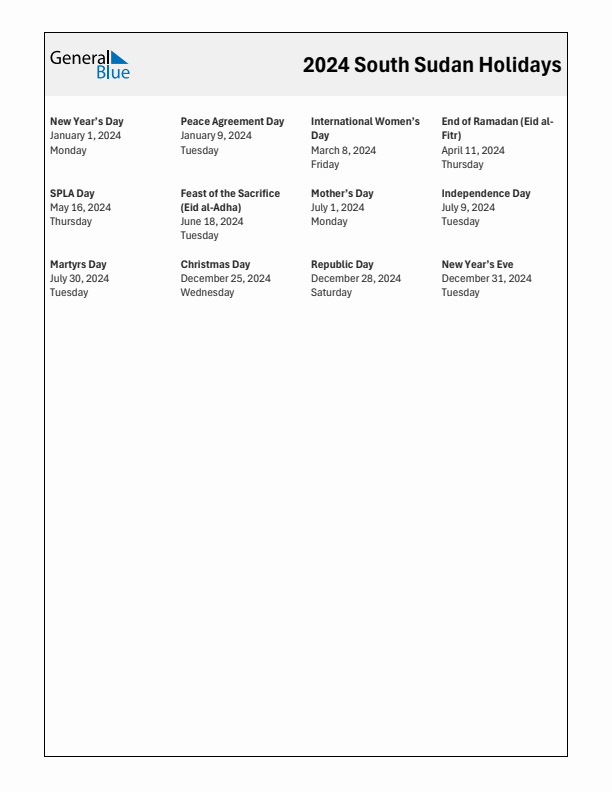 Free printable list of South Sudan holidays for year 2024