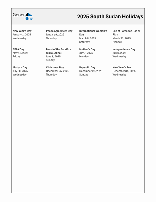 Free printable list of South Sudan holidays for year 2025