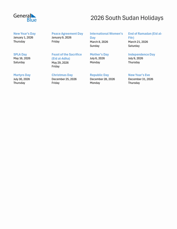 Free printable list of South Sudan holidays for year 2026