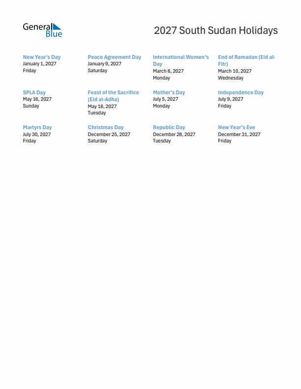 Free printable list of South Sudan holidays for year 2027