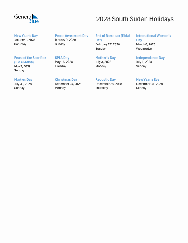 Free printable list of South Sudan holidays for year 2028