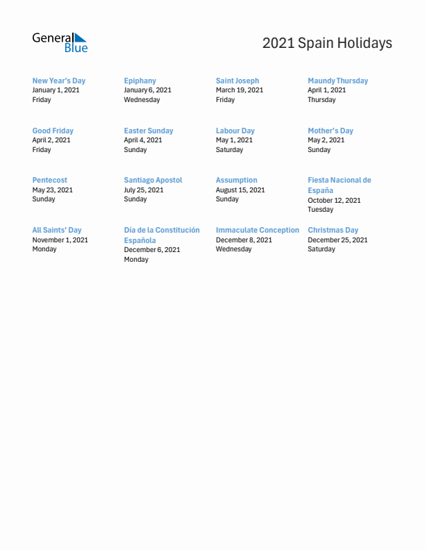 Free printable list of Spain holidays for year 2021