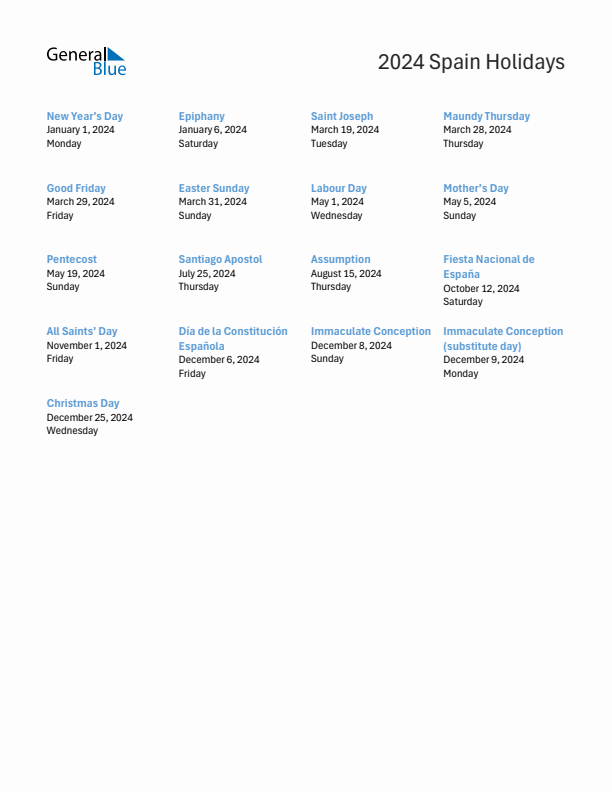 Free printable list of Spain holidays for year 2024