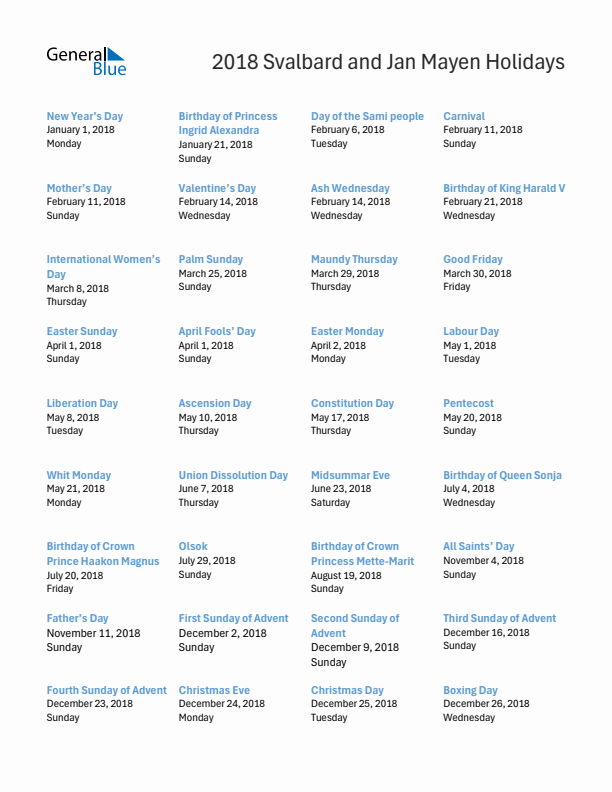 Free printable list of Svalbard and Jan Mayen holidays for year 2018