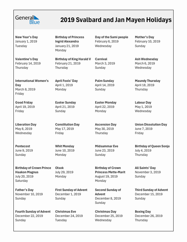 Free printable list of Svalbard and Jan Mayen holidays for year 2019