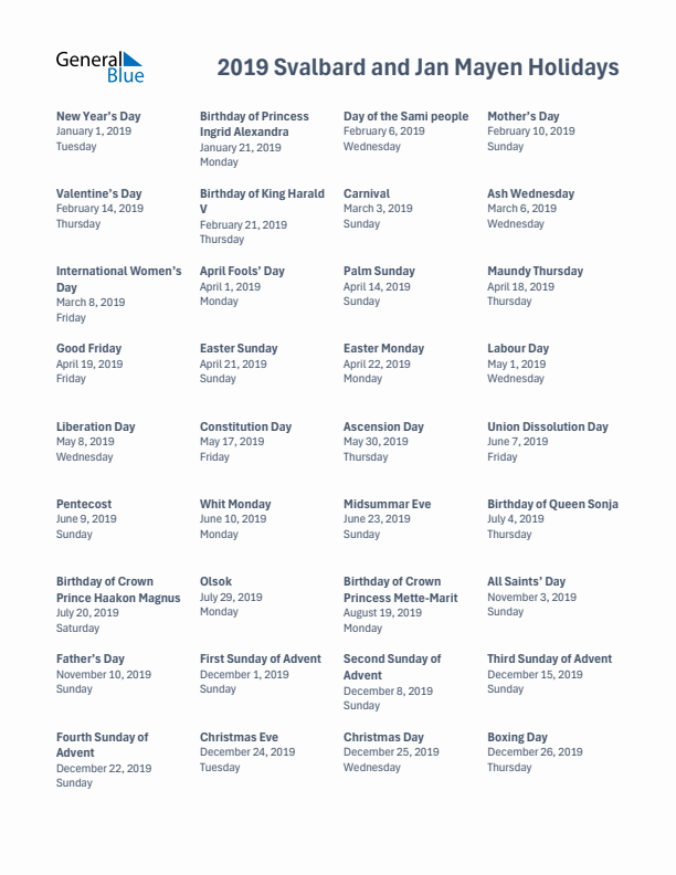 Free printable list of Svalbard and Jan Mayen holidays for year 2019