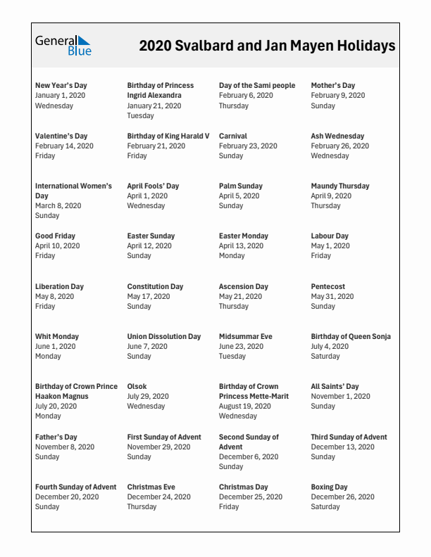 Free printable list of Svalbard and Jan Mayen holidays for year 2020