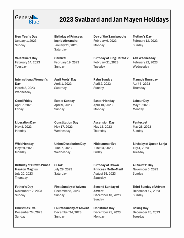 Free printable list of Svalbard and Jan Mayen holidays for year 2023