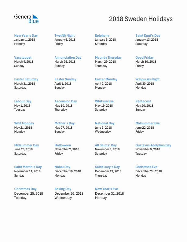 Free printable list of Sweden holidays for year 2018