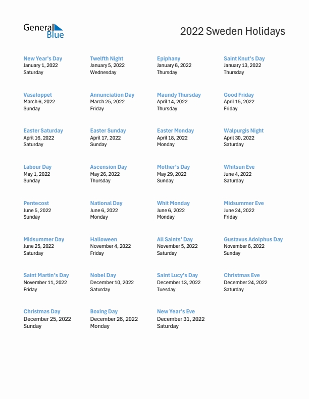 Free printable list of Sweden holidays for year 2022