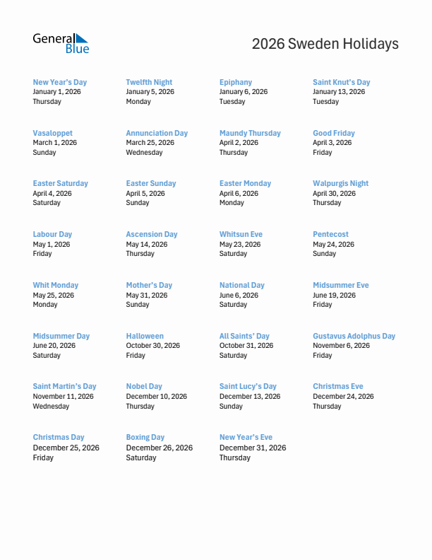 Free printable list of Sweden holidays for year 2026