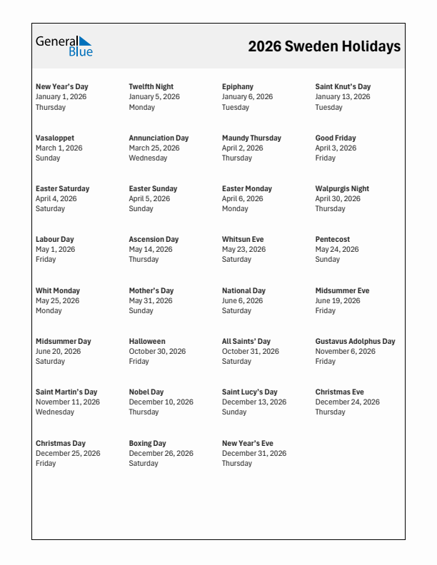 Free printable list of Sweden holidays for year 2026