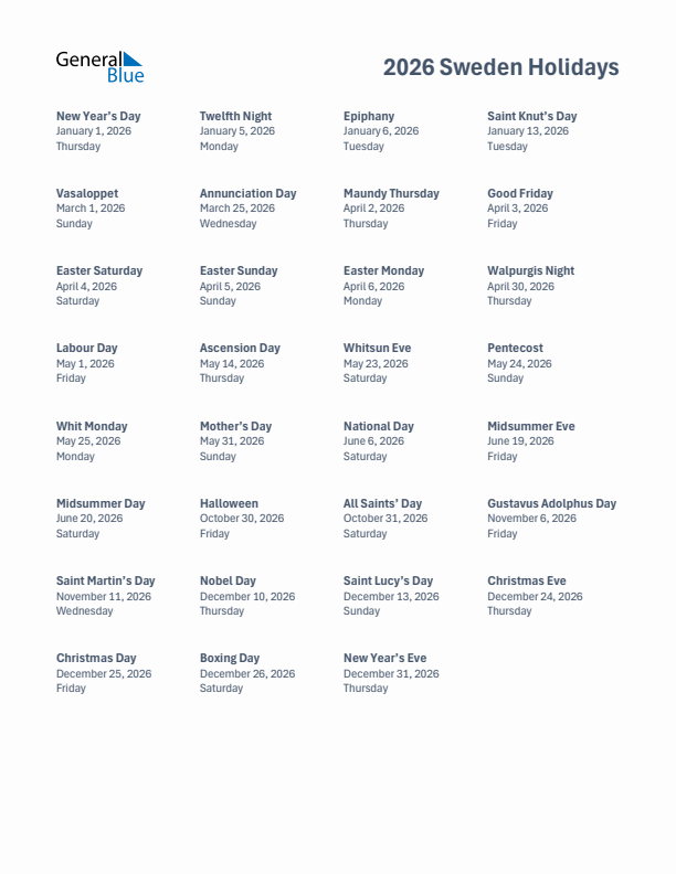 Free printable list of Sweden holidays for year 2026