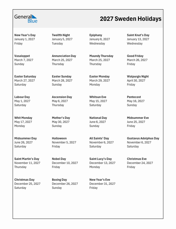 Free printable list of Sweden holidays for year 2027