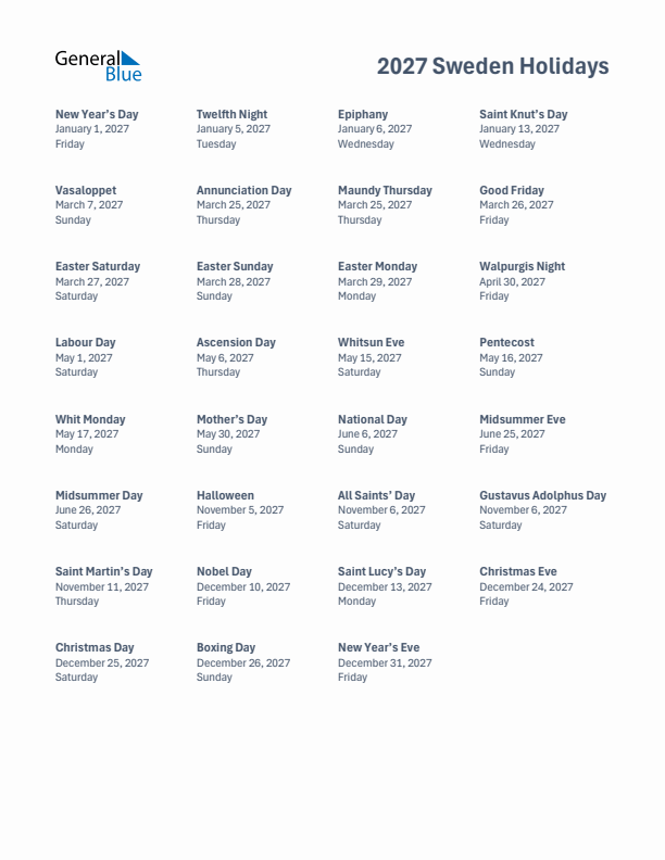 Free printable list of Sweden holidays for year 2027