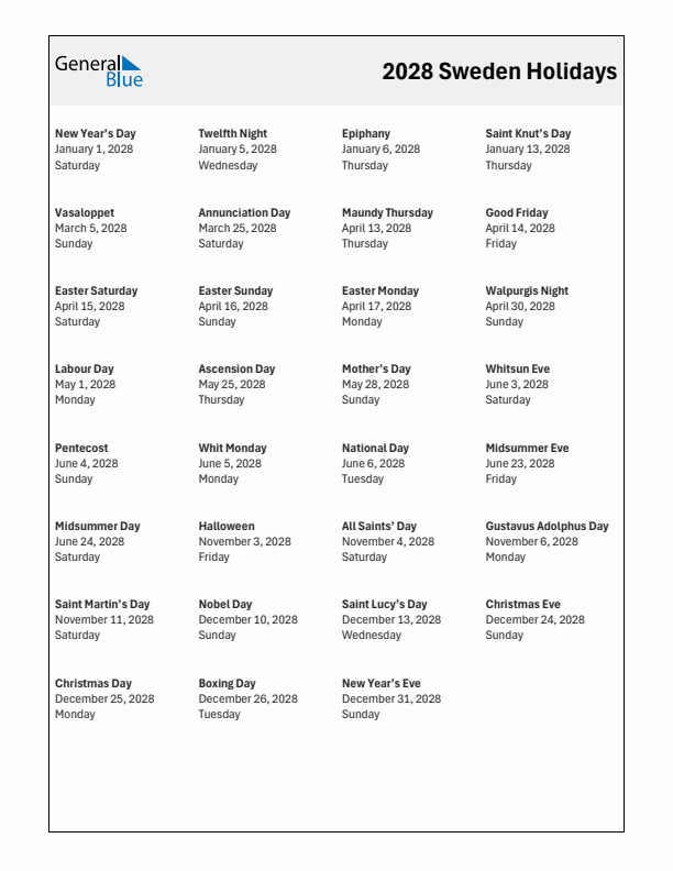 Free printable list of Sweden holidays for year 2028