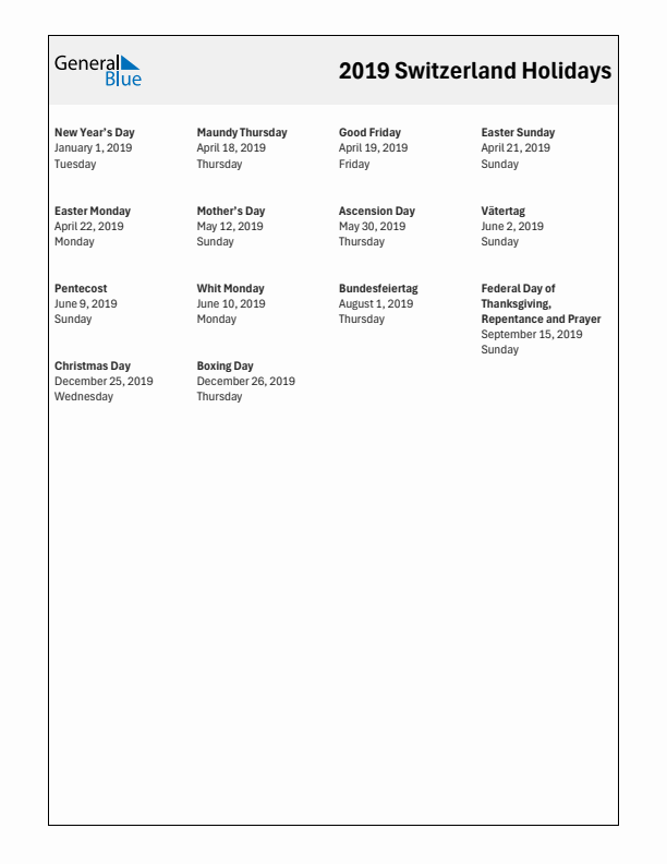 Free printable list of Switzerland holidays for year 2019