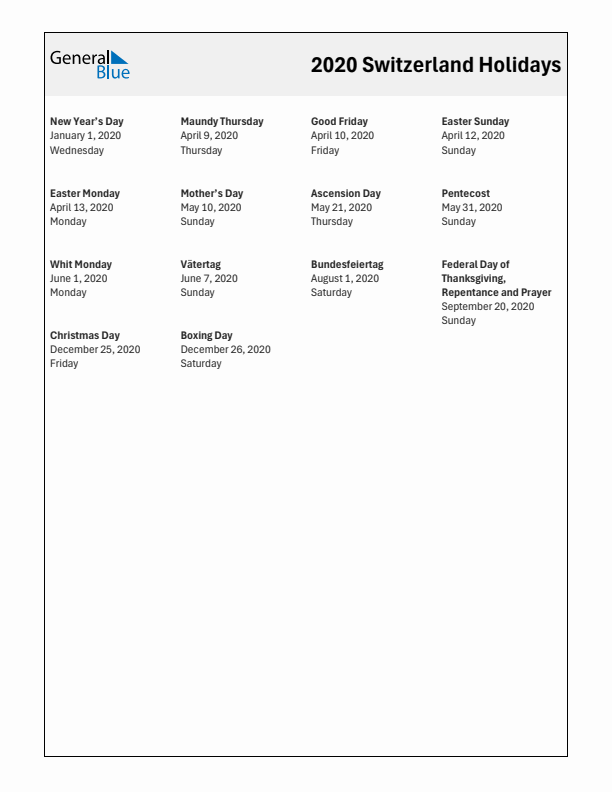 Free printable list of Switzerland holidays for year 2020